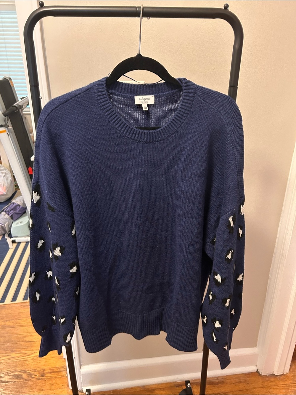 crown & ivy Navy Crewneck Sweater with Contrast Patterned Sleeves